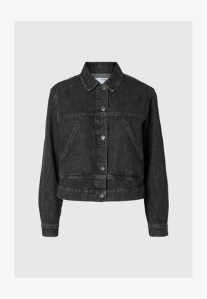 Mustmust denimist valmistatud lühike jakk, millel on nööpidega eesmine sulgus, terav krae ja kaks eesmist taskut. Kulunud tekstuur, nähtavad õmblused ja riistvara detailid.