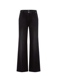 Czarne jeansy z szerokimi nogawkami i średnim stanem. Wykonane z denimu z delikatnym efektem sprania. Posiadają zapięcie na guzik oraz klasyczny fason z pięcioma kieszeniami.