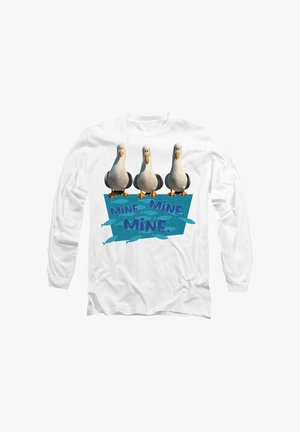 White long-sleeve t-shirt featuring three cartoon seagulls above blue text saying "MINE, MINE, MINE," with small fish illustrations below.