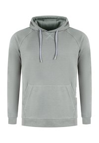 Světle šedá mikina s kapucí vyrobená z měkké látky, která má přední kapsu, rukávy typu raglán, šedé šňůrky a žebrované manžety a lem.