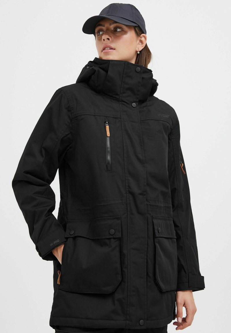 Wasserdichte schwarze Parkajacke mit hohem Kragen, mehreren Taschen und einem mit Reißverschluss versehenen Front. Verfügt über kontrastierende braune Akzente und verstellbare Bündchen.