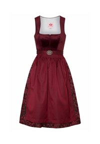 Bordeaux Kleid mit einem Samt-Oberteil und einem Satinrock, verziert mit floralen Spitzenakzenten und einer dekorativen Gürtelschnalle. Klassische A-Linie Silhouette.
