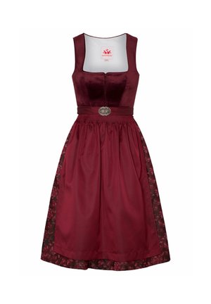 Robe bordeaux avec un corsage en velours et une jupe en satin, dotée d'accents en dentelle florale et d'une boucle de ceinture décorative. Silhouette A-line classique.