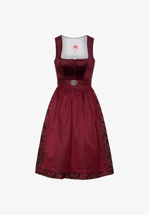 Robe bordeaux avec un corsage en velours et une jupe en satin, dotée d'accents en dentelle florale et d'une boucle de ceinture décorative. Silhouette A-line classique.