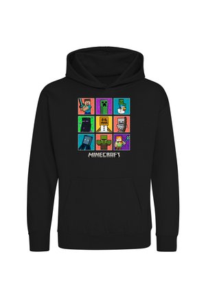 Sort hættetrøje med ni farverige Minecraft-figurer i et gitter og ordet Minecraft under dem midt forpå.
