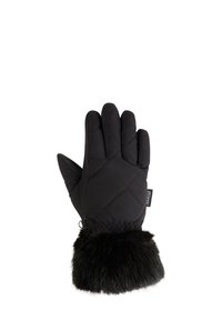 Schwarzer, gesteppten Handschuh mit einem Pelzbund, der eine glatte Oberfläche und ein strukturiertes Innenfutter aufweist. Verstärkte Nähte und eine Zuglasche für einfaches Anziehen.