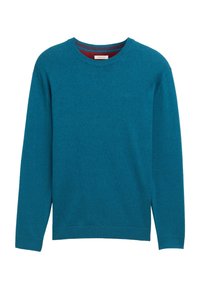 Türkiser Pullover mit rundem Ausschnitt, langen Ärmeln, gerippten Bündchen und Saum. Weiche Textur, mit einem dezenten Logo auf der Brust.