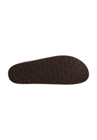 Skosula med texturerat brunt gummimaterial, som har ett geometriskt mönster och en slät kant. Platt design som är lämplig för markkontakt.