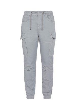 Lichtgrijze cargobroek met een elastische tailleband, trekkoordsluiting, meerdere zijzakken en geribde boorden bij de enkels. Zacht, duurzaam materiaal.