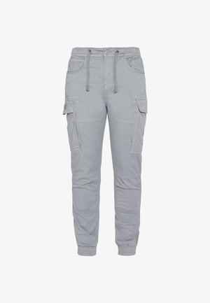 Jasnoszare spodnie cargo z elastycznym pasem, zapięciem na sznurki, wieloma bocznymi kieszeniami oraz ściągaczami przy kostkach. Miękki, wytrzymały materiał.