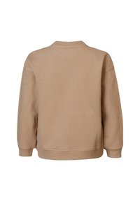 Beige Sweatshirt mit Rundhalsausschnitt, langen Ärmeln und lässiger Passform. Weicher, strukturierter Stoff mit gerippten Bündchen und Saum. Rückansicht.
