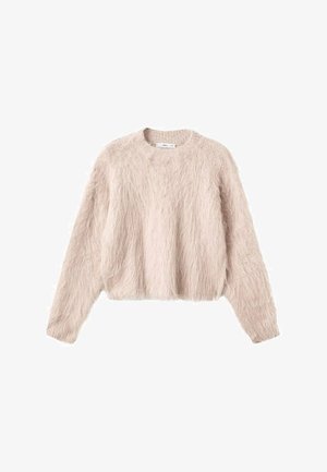 Pull en maille léger rose pâle, flou, avec des manches longues, un col rond et une coupe courte. Texture douce avec un design légèrement surdimensionné.