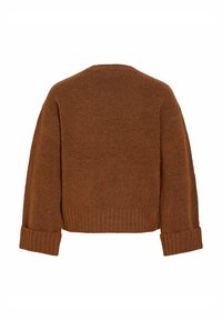 Pruun kootud kampsun lühendatud lõikega, soonikkoes mansettide ja ümara kaelusega. Pehme tekstuur kergelt karvase viimistlusega.