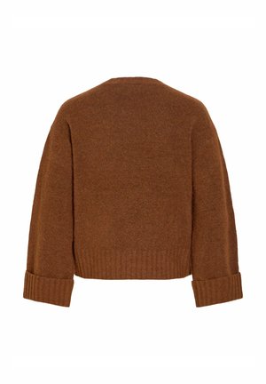 Brun strikket genser med cropped design, ribbede mansjetter og rund hals. Myk tekstur med en lett plysjete finish.