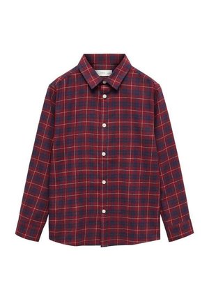 Koszula na guziki z długim rękawem w czerwono-granatową kratę z białymi guzikami, wyposażona w klasyczny kołnierz.