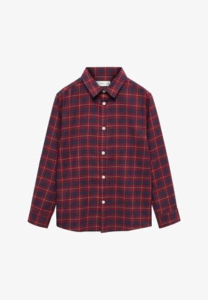 Koszula na guziki z długim rękawem w czerwono-granatową kratę z białymi guzikami, wyposażona w klasyczny kołnierz.