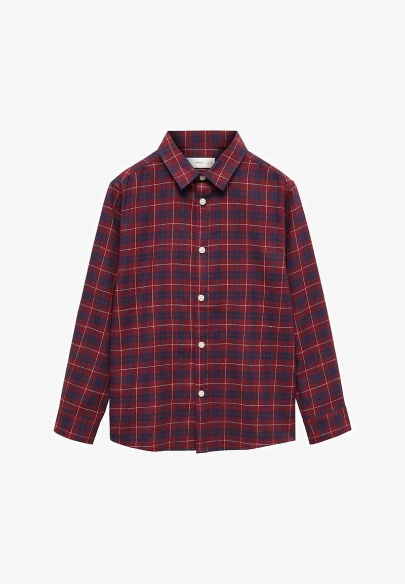Chemise à manches longues avec un motif à carreaux rouge et bleu marine et des boutons blancs, dotée d'un col classique.