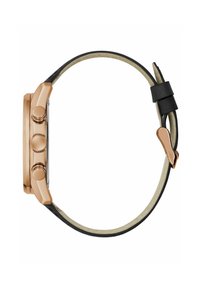 Orologio in acciaio inossidabile rose gold con tre pulsanti laterali e cinturino in pelle nera, con una parte inferiore beige. Design della cassa lungo e ovale.