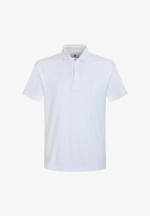 Bela polo majica s ovratnikom, kratkimi rokavi in plavčkom s tremi gumbi. Izdelana iz gladkega materiala z diskretnim logotipom na prsih.