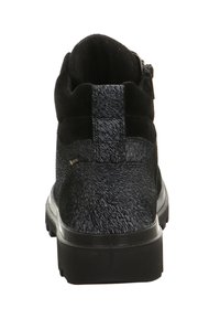 Schwarzer, strukturierten Stiefel mit dicker Sohle, gepolstertem Kragen, seitlichem Reißverschluss und Zuglasche hinten für ein einfaches Anziehen.