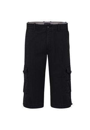 Schwarze Cargo-Shorts aus strapazierfähigem Material, mit mehreren Seitentaschen, einem Knopfverschluss und einem gestreiften Bund.