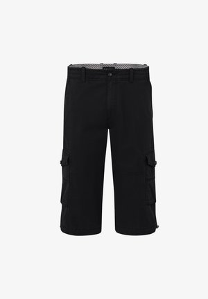 Black cargo shorts made of durable fabric, featuring multiple side pockets, a button closure, and a striped waistband.