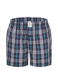 Pánské boxerky v námořnickém a bílém kostkovaném vzoru s akcenty v tyrkysové barvě, s elastickým pasem a jedním knoflíkem na zapínání.