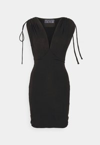 Černé přiléhavé šaty s hlubokým výstřihem do V, nařasenými rameny a nastavitelnými tkaničkami. Vyrobeny z hladkého materiálu s elegantní siluetou.