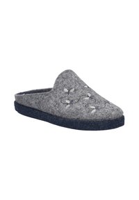 Chausson gris en feutre avec un bout rond, semelle texturée bleu foncé et motif floral brodé blanc sur le dessus. Style slip-on, matériau doux.