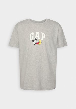 Graues Baumwoll-T-Shirt mit Rundhalsausschnitt, das ein weißes "GAP"-Logo und eine farbenfrohe Mickey-Mouse-Grafik unter dem Text zeigt. Kurze Ärmel.
