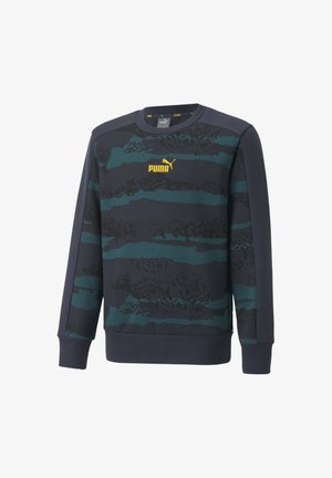 Sweatshirt bleu marine avec des rayures texturées vert foncé et un logo Puma jaune sur la poitrine. Il a un col rond et des poignets côtelés.