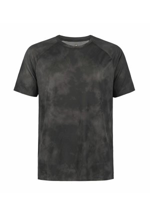 Czarna sportowa koszulka z krótkim rękawem z subtelnym, ciemnoszarym wzorem tie-dye i panelami wentylacyjnymi z siateczki z przodu i na ramionach.
