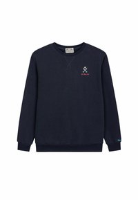 Sudadera azul marino de algodón, con cuello redondo, mangas largas y un logo bordado con remos cruzados en el pecho.