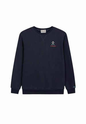 Sudadera azul marino de algodón, con cuello redondo, mangas largas y un logo bordado con remos cruzados en el pecho.
