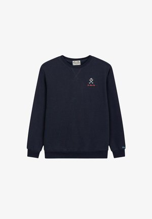 Sweatshirt bleu marine en coton, avec un col rond, des manches longues et un logo brodé avec des rames croisées sur la poitrine.