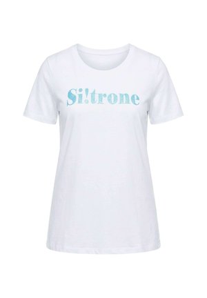T-shirt blanc à manches courtes avec texte pailleté bleu "Si!trone" centré sur la poitrine, avec un col rond.
