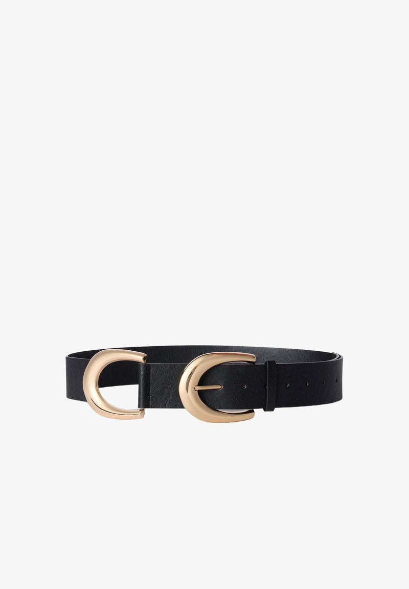 Cintura nera in pelle con due fibbie curve in tonalità oro. Texture liscia, vestibilità regolabile con più fori per variazioni di taglia.