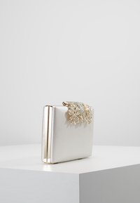 Borsa clutch in argento metallizzato con angoli arrotondati, impreziosita da un ornamento decorativo in oro e cristallo sul bordo superiore. Texture liscia.