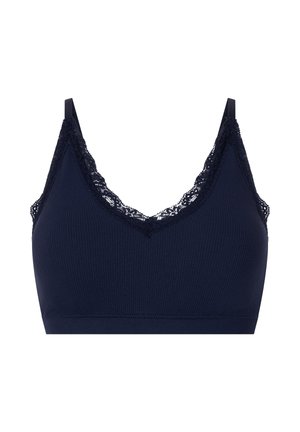 Bralette a coste blu navy con bordo in pizzo lungo la scollatura a V e spalline sottili regolabili, fascia elastica senza cuciture nella parte inferiore.