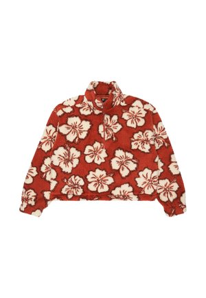 Roter Fleece-Pullover mit großem weißem und dunkelrotem Blumenmuster, halbem Reißverschlusskragen und langen Ärmeln.