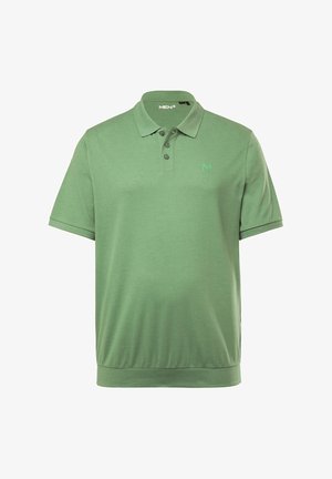 Koszulka polo z krótkim rękawem w jednolitym, jasnym zielonym kolorze, wykonana z miękkiego materiału, z trzema guzikami przy dekolcie i dyskretnym logo na piersi.