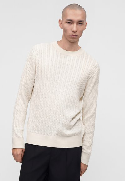 Άνδρας που φοράει εκρού πουλόβερ με πλεκτό σχέδιο και μαύρο παντελόνι, στέκεται μπροστά από απλό φωτεινό γκρι φόντο.