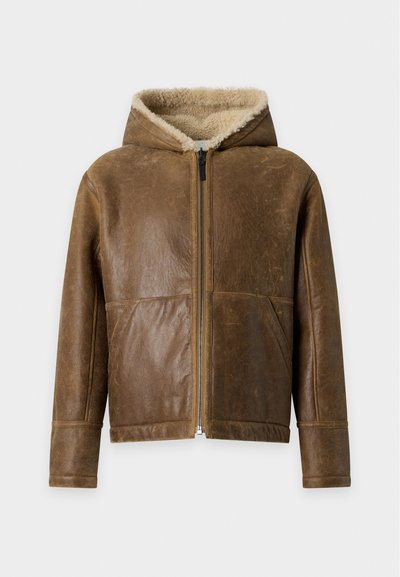 Brown leather hooded jacket with front zipper and visible soft beige fleece lining inside the hood.