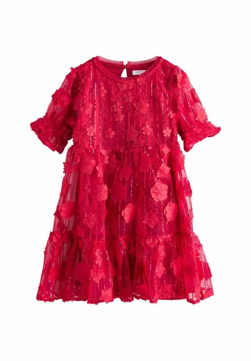 Rotes Blumenkleid aus transparentem, strukturiertem Stoff. Verfügt über kurze Puffärmel, einen gestuften Rock und eine Schlüssellochöffnung im Rücken. Paillettenakzente überall.