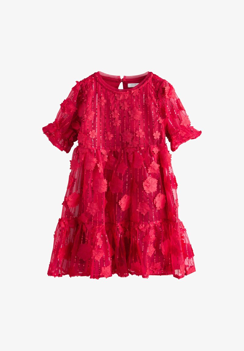 Red short-sleeve dress with layered floral applique and sequin details, featuring a round neckline and ruffled hem.