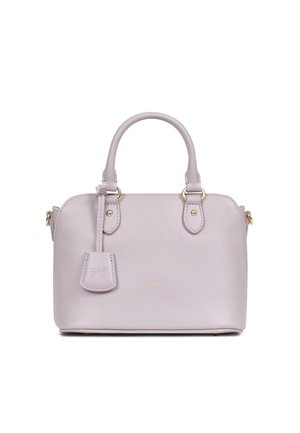 Borsa a tracolla viola chiaro in pelle testurizzata, dotata di due manici rotondi, hardware dorato e un'etichetta staccabile con logo impresso.