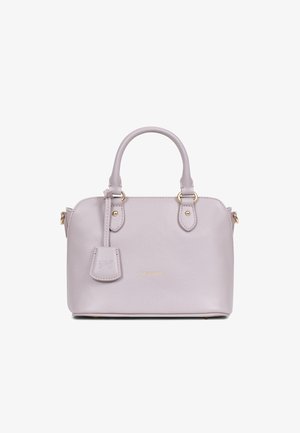 Borsa a tracolla viola chiaro in pelle testurizzata, dotata di due manici rotondi, hardware dorato e un'etichetta staccabile con logo impresso.