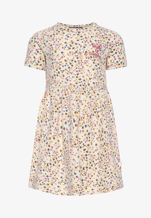 Baumwollkleid mit kurzen Ärmeln, das eine cremefarbene Basis mit einem bunten gepunkteten Muster in Pink, Gelb, Blau und Braun aufweist. Rüschendes Rockdesign.