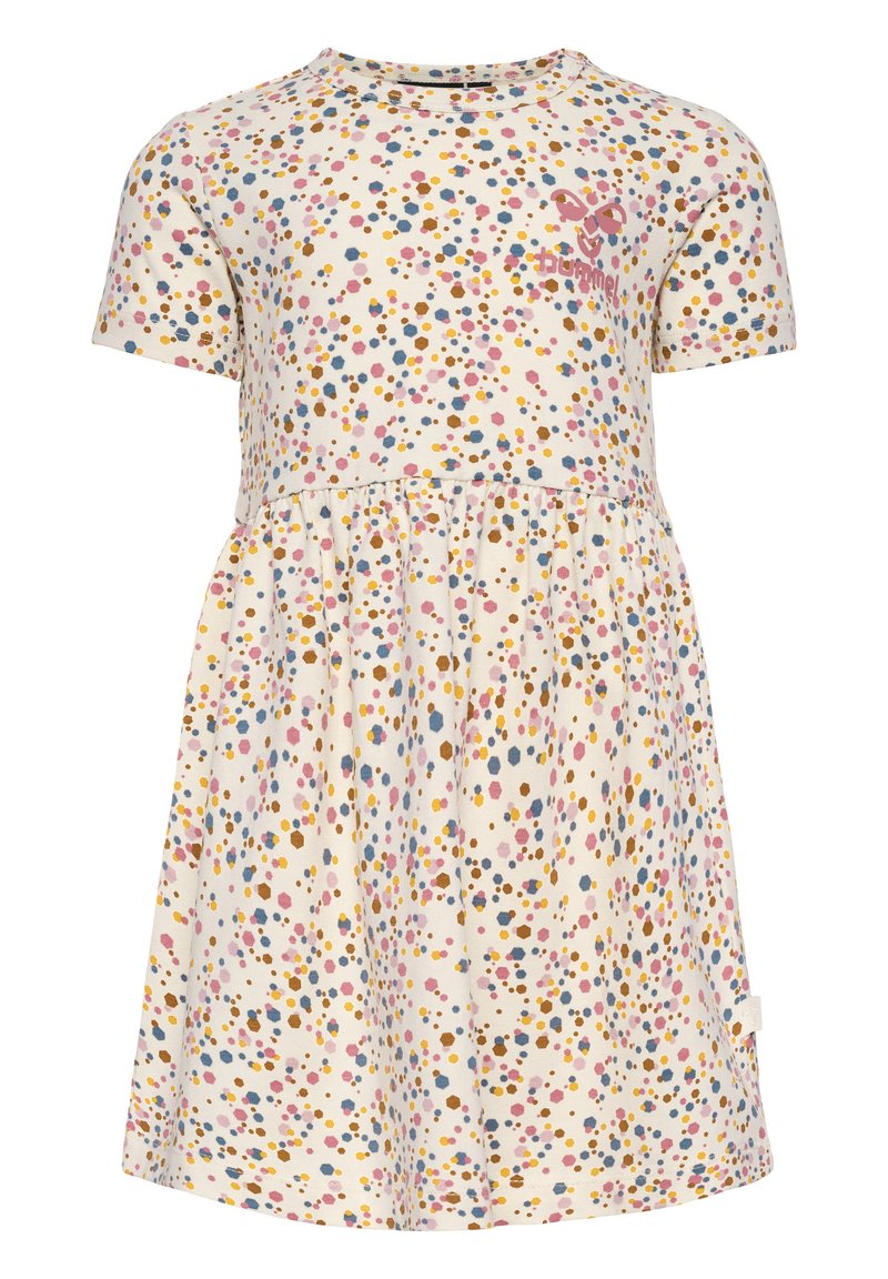 Kortärmad klänning i bomull med en krämfärgad bas och ett färgglatt prickmönster i rosa, gult, blått och brunt. Volangkjol.