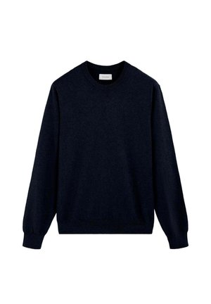 Jersey de manga larga azul marino oscuro con cuello redondo y puños y bajo acanalados, mostrado sobre un fondo blanco liso.